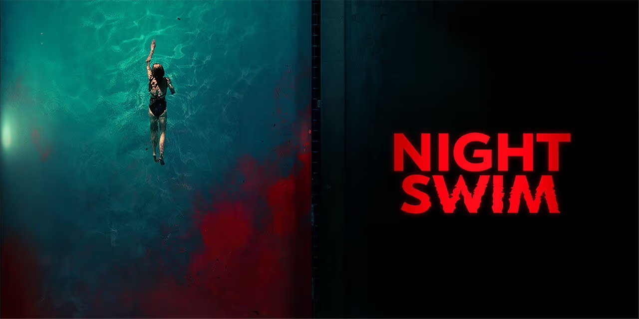 "Night Swim" poster featuring a birds eye view of a woman swimming in water with a red liquid forming in the corner of the pool